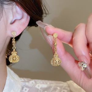 French Court Style Alloy Round Hollow Lantern Pendant Drop Earrings With Textured Geometric Design
