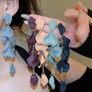 Silver Pin Acrylic Flower Petal Tassel Drop Earrings Chic Fresh Floral Design For Women