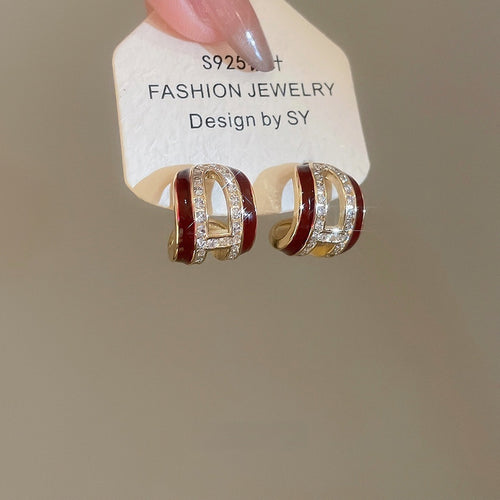 Light Luxury Copper C Shape Stud Earrings With Sparkling Zircon And Enamel Retro Geometric Design