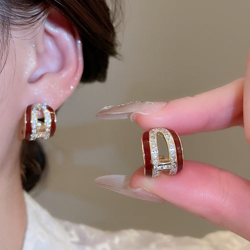 Light Luxury Copper C Shape Stud Earrings With Sparkling Zircon And Enamel Retro Geometric Design