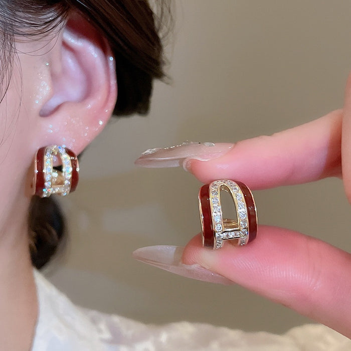 Light Luxury Copper C Shape Stud Earrings With Sparkling Zircon And Enamel Retro Geometric Design