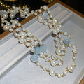 French Court Style Faux Pearl Cat Eye Stone Round Beaded Crystal Sweater Necklace view 4