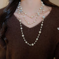 French Court Style Faux Pearl Cat Eye Stone Round Beaded Crystal Sweater Necklace view 3