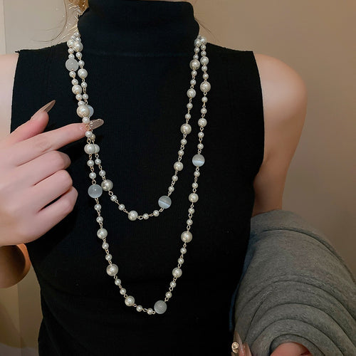 French Court Style Faux Pearl Cat Eye Stone Round Beaded Crystal Sweater Necklace