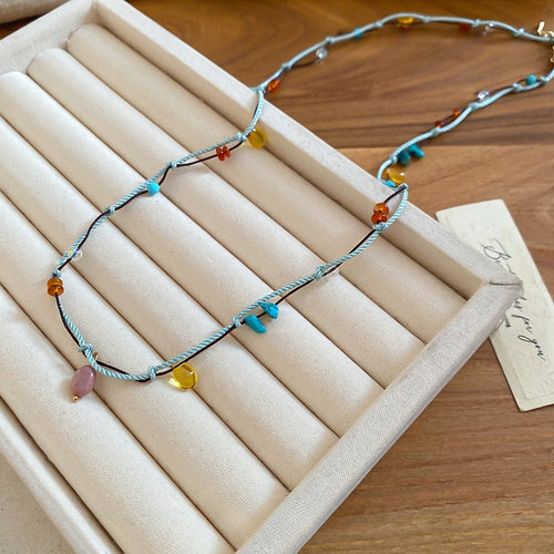 Light Luxury Double Layer Braided Cord Oval Stone Pendant Sweater Necklace For Women