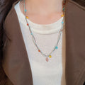 Light Luxury Double Layer Braided Cord Oval Stone Pendant Sweater Necklace For Women view 3
