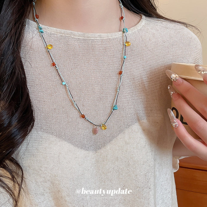 Light Luxury Double Layer Braided Cord Oval Stone Pendant Sweater Necklace For Women