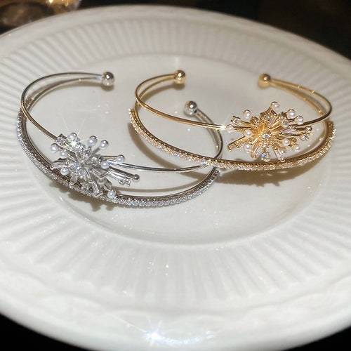 European Style Cloth Accent Zircon Pearl Firework Flower Double Layer Open Bangle For Women