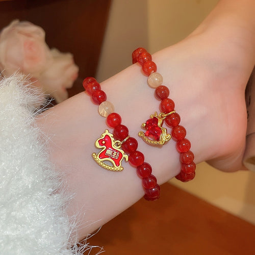 New Chinese Style Red Agate Beaded Horse Zodiac Bangle For Women Artistic Niche Design Jewelry