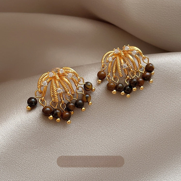 Tiger Eye Zircon Flower Tassel Drop Earrings Maillard Vintage Silver Needle Statement Jewelry