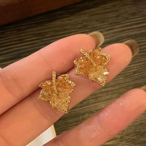 14K Gold Plated Silver Post Sparkling Zircon Maple Leaf Stud Earrings For Women