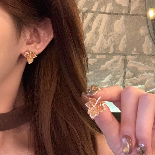 14K Gold Plated Silver Post Sparkling Zircon Maple Leaf Stud Earrings For Women