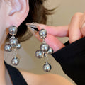 French Vintage Gray Faux Pearl Drop Earrings Silver Needle Geometric Round Minimalist Style view 2