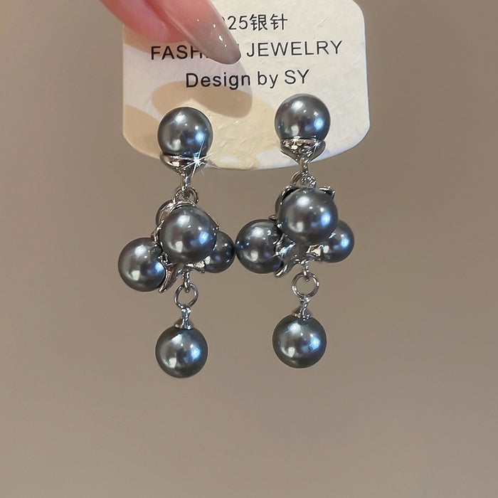 French Vintage Gray Faux Pearl Drop Earrings Silver Needle Geometric Round Minimalist Style