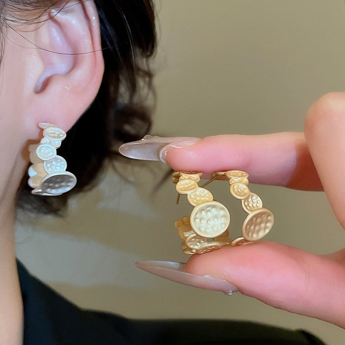 Copper Irregular Geometric Round Pleated C Shaped Stud Earrings Minimalist Metal Jewelry