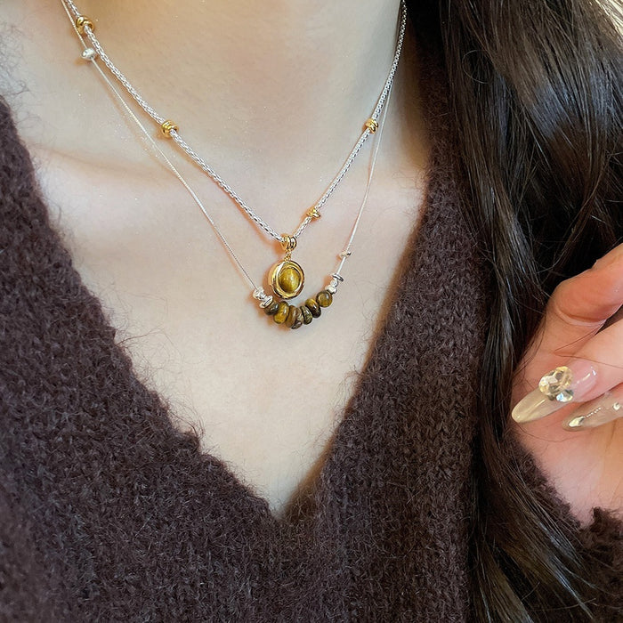 Tiger Eye Beaded Round Pendant Necklace Vintage Maillard Style Light Luxury Collarbone Choker