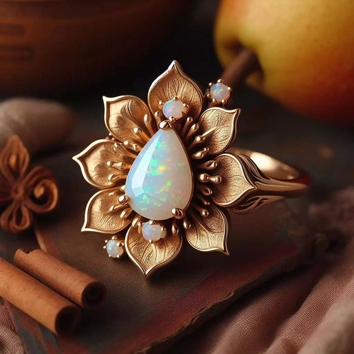 Pastoral Sunflower Ring For Women With Water Drop Imitation Opal And Micro Pave Floral Design