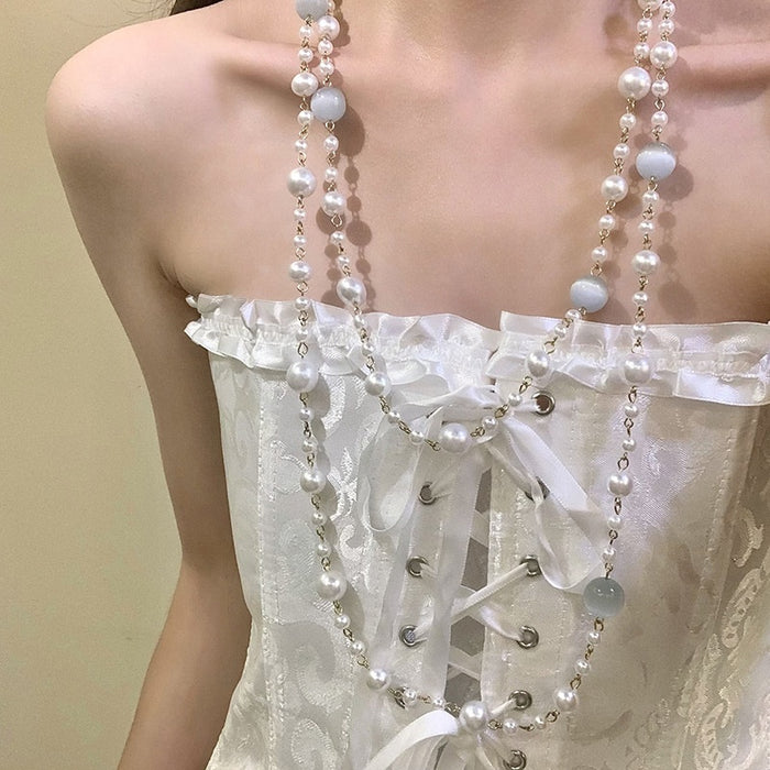 Baroque Vintage Faux Pearl Cat Eye Beaded Layered Sweater Necklace For Women