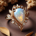 Marquise Leaf Faux Opal Teardrop Ring For Women, Micro Pave Zircon Wheat Ear Elegant Jewelry view 1
