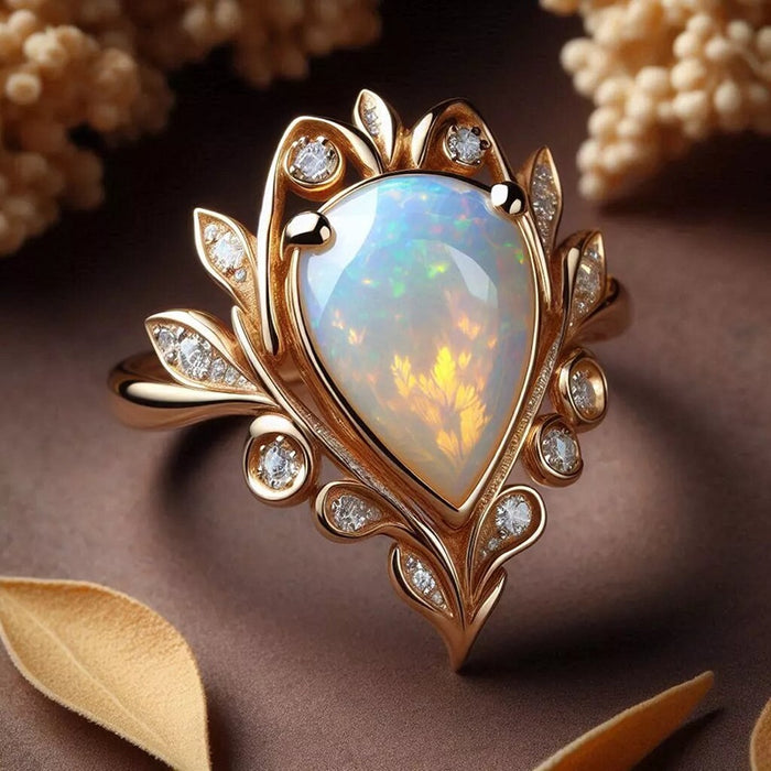Marquise Leaf Faux Opal Teardrop Ring For Women, Micro Pave Zircon Wheat Ear Elegant Jewelry