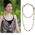 Vintage Copper Tiger Eye Pearl Round Layered Sweater Necklace Maillard Style For Women view 3