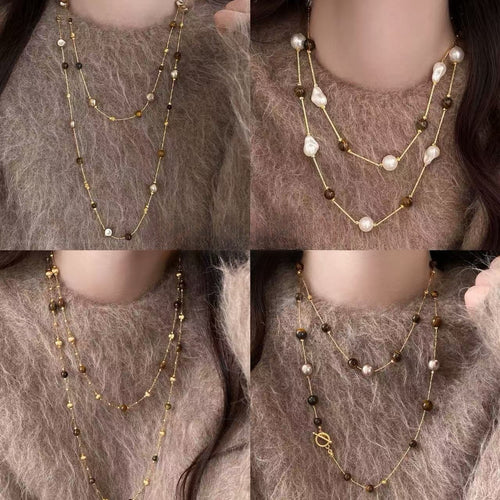 Vintage Copper Tiger Eye Pearl Round Layered Sweater Necklace Maillard Style For Women