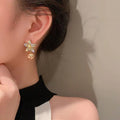 Light Luxury Faux Pearl Flower Stud Earrings With Rhinestone Silver Pin Vintage Style view 4