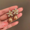 Light Luxury Faux Pearl Flower Stud Earrings With Rhinestone Silver Pin Vintage Style view 1
