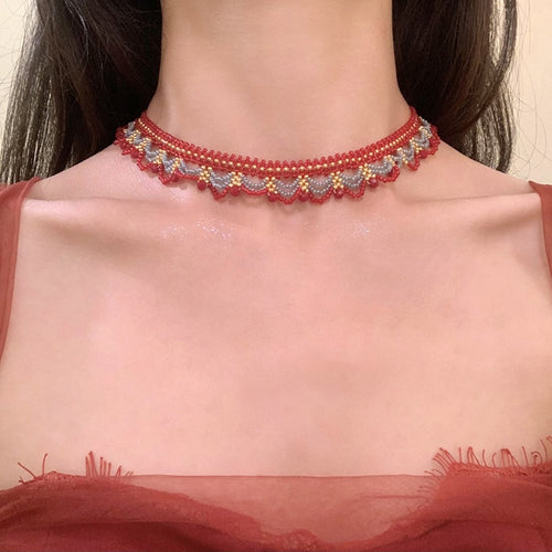 Adjustable Red Faux Crystal Beaded Woven Choker Necklace For Women Vintage Ethnic Round Geometric Design
