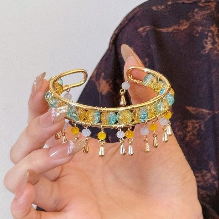 New Chinese Palace Style Glass Tassel Open Cuff Bangle For Women Vintage Ethnic Jewelry