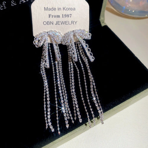 Korean Style Copper Zircon Bow Tassel Drop Earrings With Silver Pins Elegant Fashion Jewelry