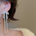 Korean Style Copper Zircon Bow Tassel Drop Earrings With Silver Pins Elegant Fashion Jewelry view 3