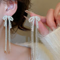 Korean Style Copper Zircon Bow Tassel Drop Earrings With Silver Pins Elegant Fashion Jewelry view 1
