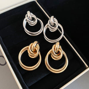 European Style Glossy Iron Knot Round Pendant Drop Earrings With Silver Tone Posts