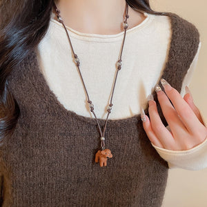 Copper Enamel Cartoon Puppy Pendant Sweater Necklace Cute Vacation Style Women's Collarbone Chain