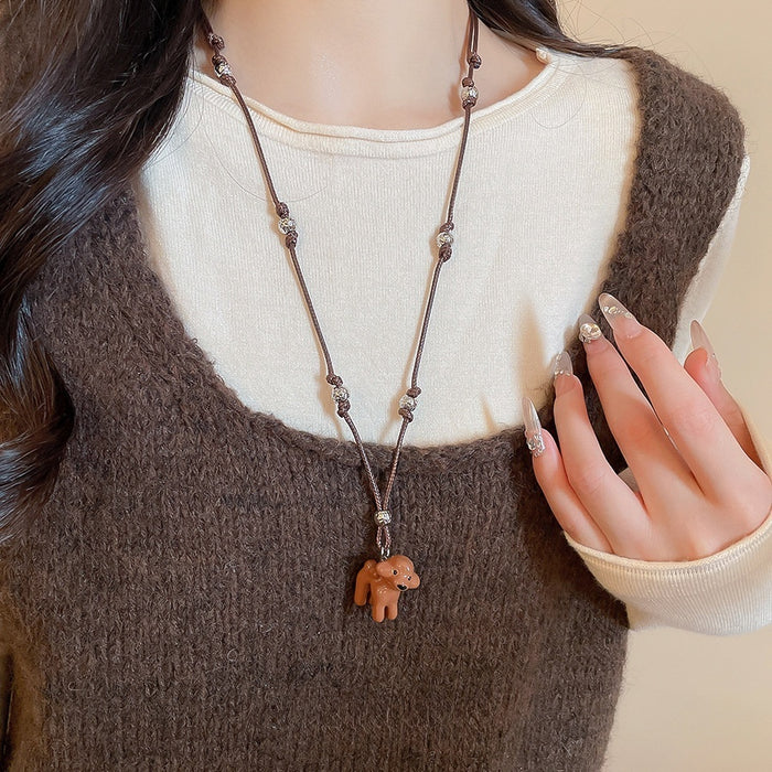 Copper Enamel Cartoon Puppy Pendant Sweater Necklace Cute Vacation Style Women's Collarbone Chain