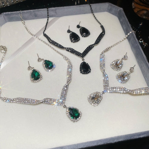 Copper Rhinestone Waterdrop Pendant Necklace And Earrings Jewelry Set, Light Luxury Court Style