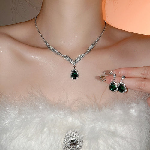 Copper Rhinestone Waterdrop Pendant Necklace And Earrings Jewelry Set, Light Luxury Court Style
