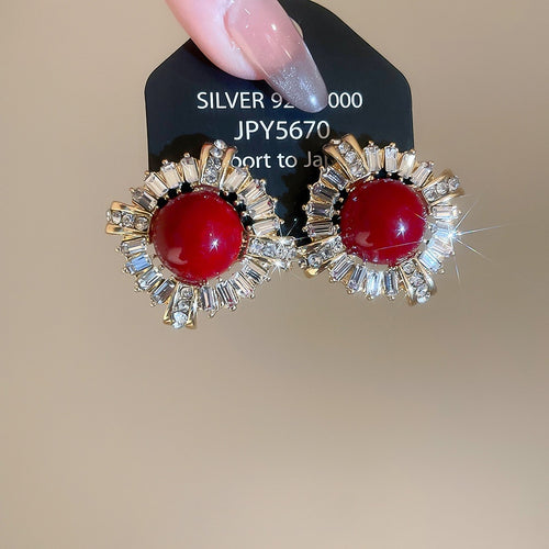 French Vintage Round Zircon Alloy Stud Earrings With Silver Posts, Light Luxury Elegant Style