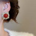 French Vintage Round Zircon Alloy Stud Earrings With Silver Posts, Light Luxury Elegant Style view 3