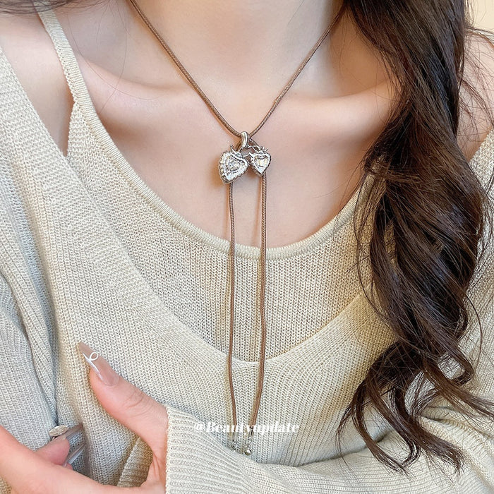 Korean Style Copper Zircon Heart Pendant Sweater Necklace Minimalist Light Luxury Choker