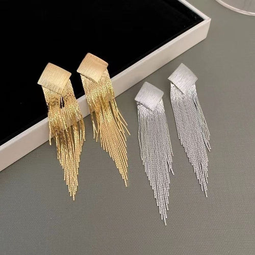 Copper Metallic Diamond Tassel Drop Earrings With Silver Posts, Minimalist Geometric Style