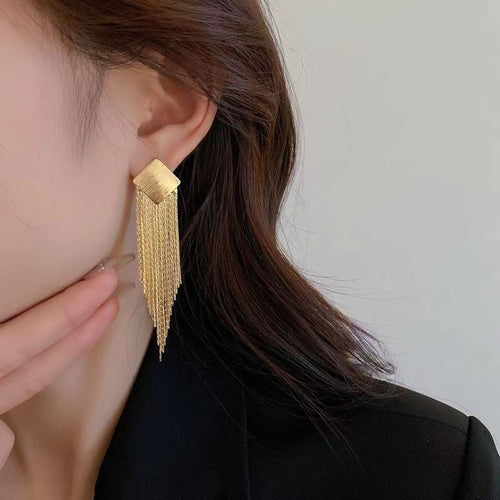 Copper Metallic Diamond Tassel Drop Earrings With Silver Posts, Minimalist Geometric Style
