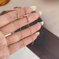 Elegant Gold Alloy Cross Rhinestone Inlaid Long Chain Threader Stud Drop Dangle Women's Fashion Earrings view 2