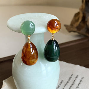Resin Teardrop Pendant Asymmetric Drop Earrings With Silver Pins, New Chinese Minimalist Style