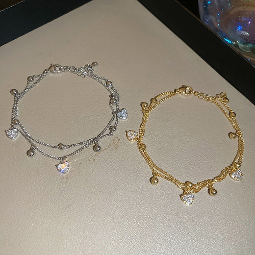 Light Luxury 18K Gold Plated Copper Zircon Double Layer Heart Pendant Bangle For Women