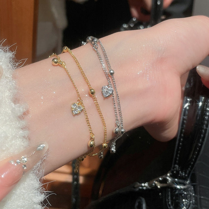 Light Luxury 18K Gold Plated Copper Zircon Double Layer Heart Pendant Bangle For Women