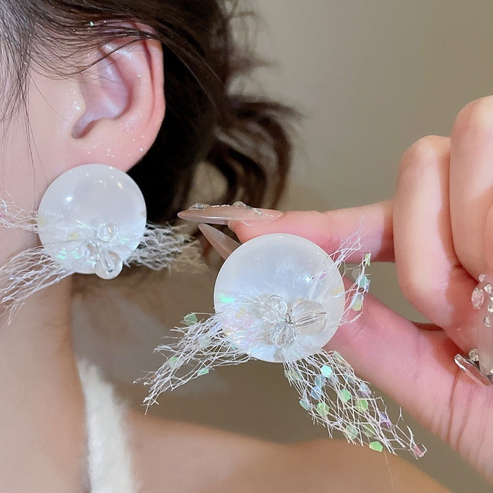 Handmade Silver Needle Tassel Earrings Geometric Round Minimalist Bridal Gown Accessories