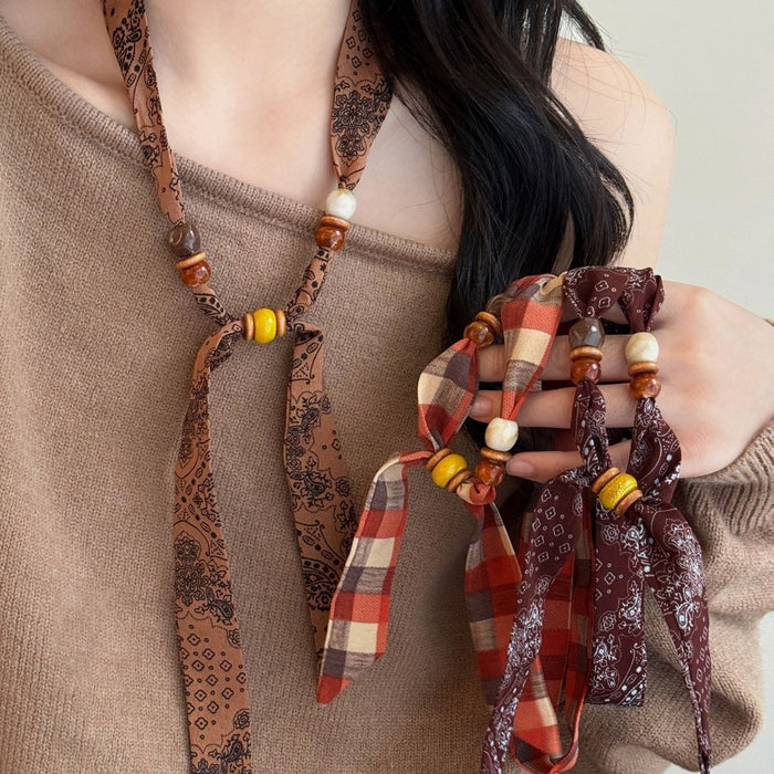 Ethnic Bohemian Fabric Print Resin Wood Bead Floral Geometric Sweater Necklace For Women