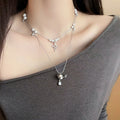 Sparkling Zircon Pearl Beaded Saturn Pendant Necklace Korean Light Luxury Geometric Sweater Chain view 1